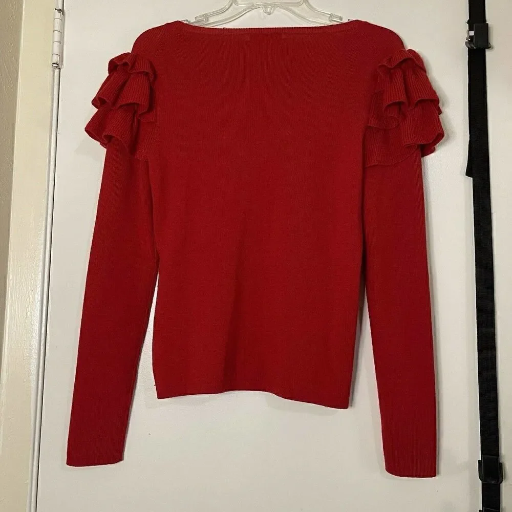 Badgley Mischka Red Wool knit ruffle sleeve detail round neck sweater size small